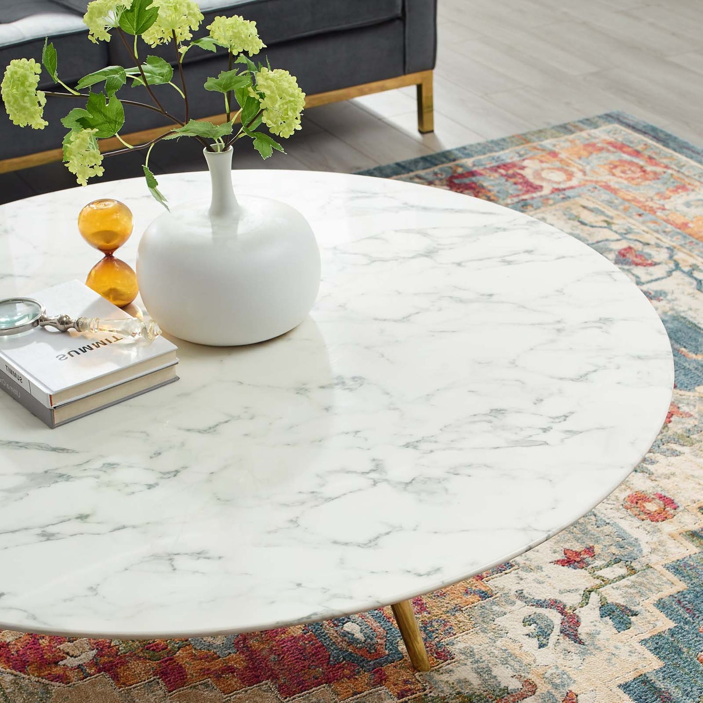 Lippa 47" Round Artificial Marble Coffee Table with Tripod Base, Artificial Marble Stone Metal, Gold White, 17894