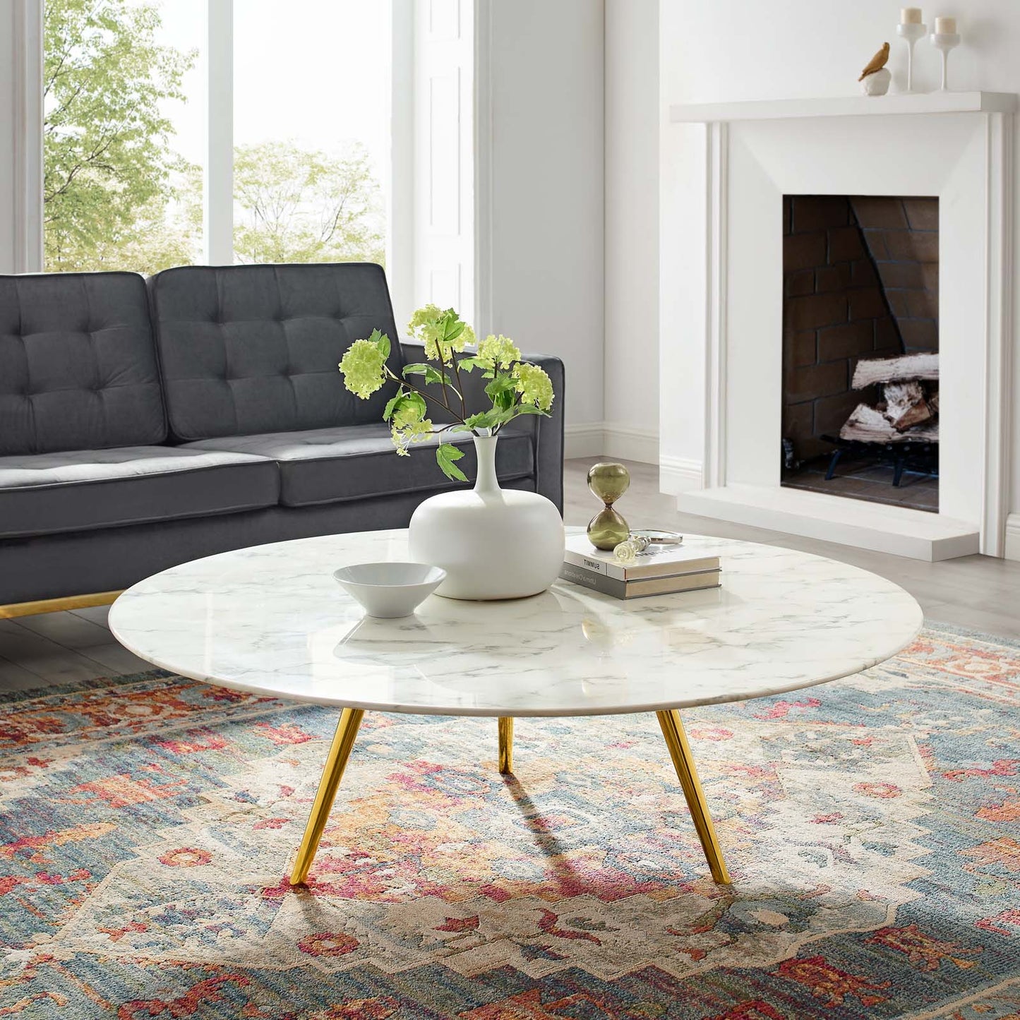 Lippa 47" Round Artificial Marble Coffee Table with Tripod Base, Artificial Marble Stone Metal, Gold White, 17894