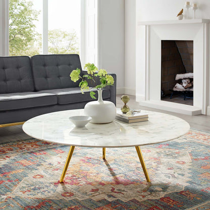 Lippa 47" Round Artificial Marble Coffee Table with Tripod Base, Artificial Marble Stone Metal, Gold White, 17894