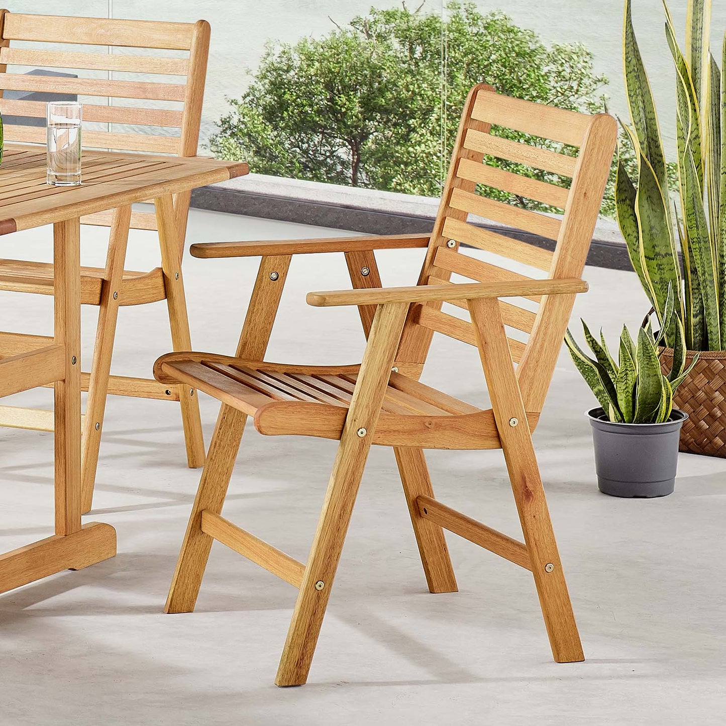 Hatteras Outdoor Patio Eucalyptus Wood Dining Armchair, Wood, Brown Natural, 18272