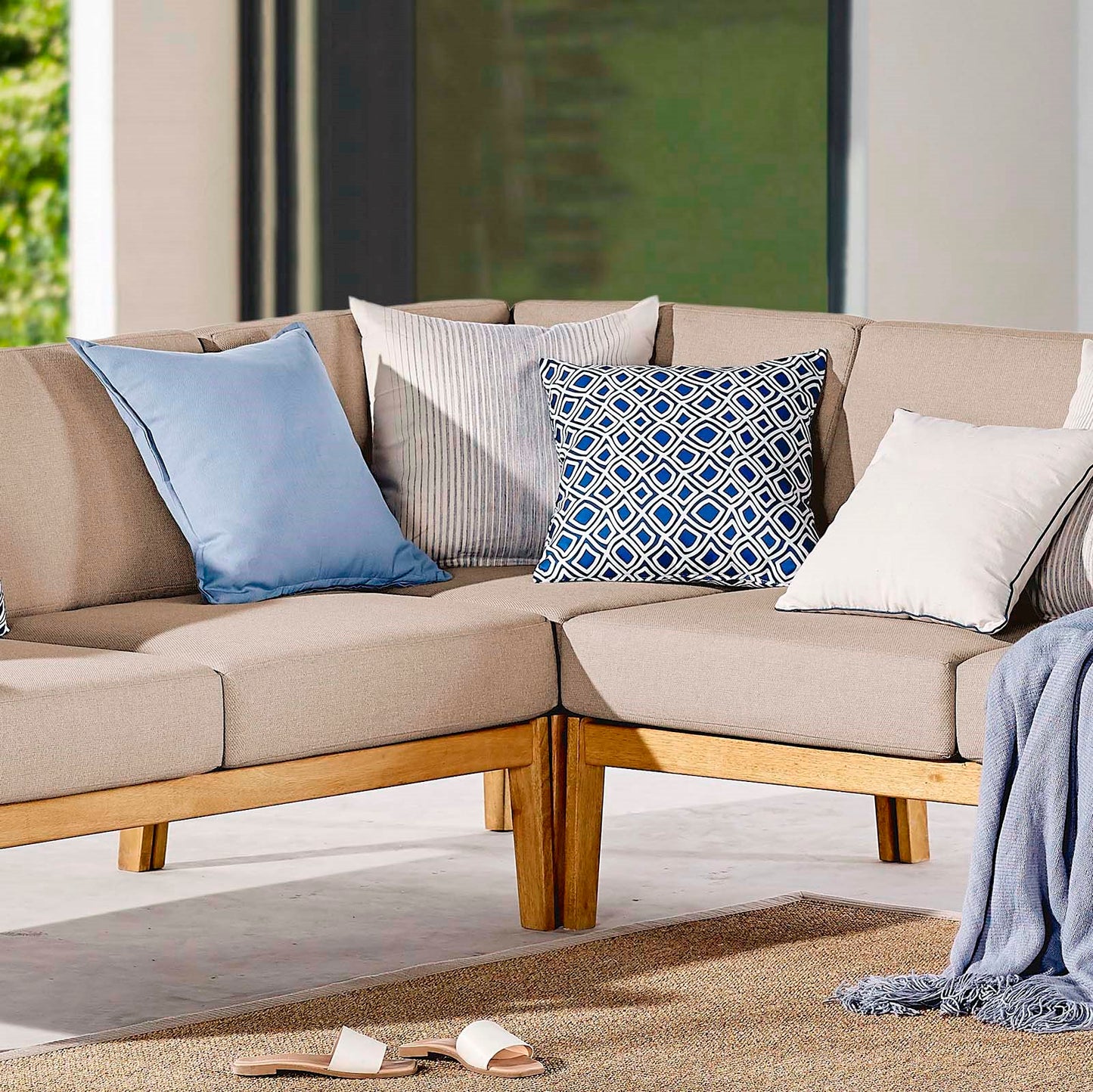 Sedona Outdoor Patio Eucalyptus Wood Sectional Sofa Corner Chair, Wood, Brown Natural Taupe Gray, 18276
