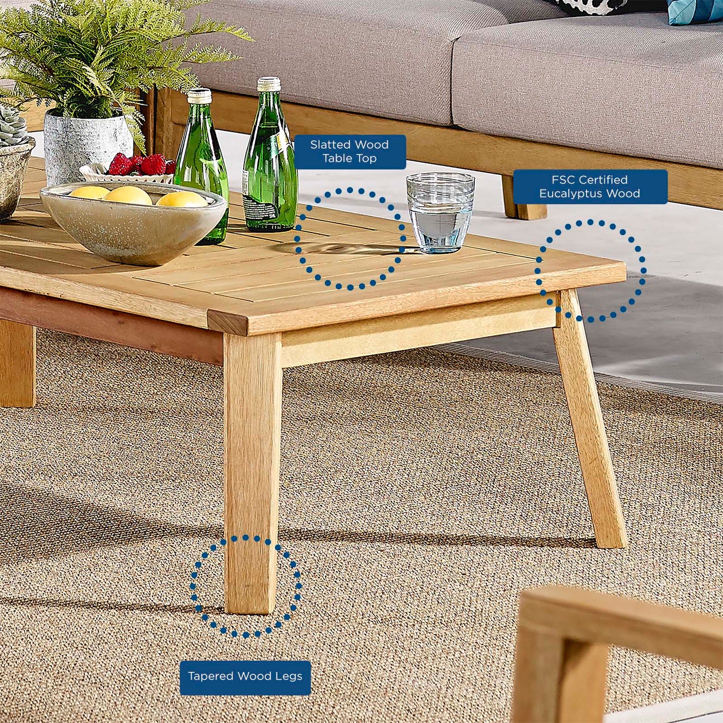 Sedona Outdoor Patio Eucalyptus Wood Coffee Table, Wood, Brown Natural, 18278