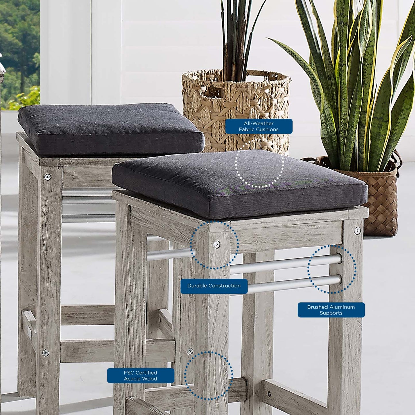 Wiscasset Outdoor Patio Acacia Wood Bar Stool, Wood, Light Grey Gray, 18283