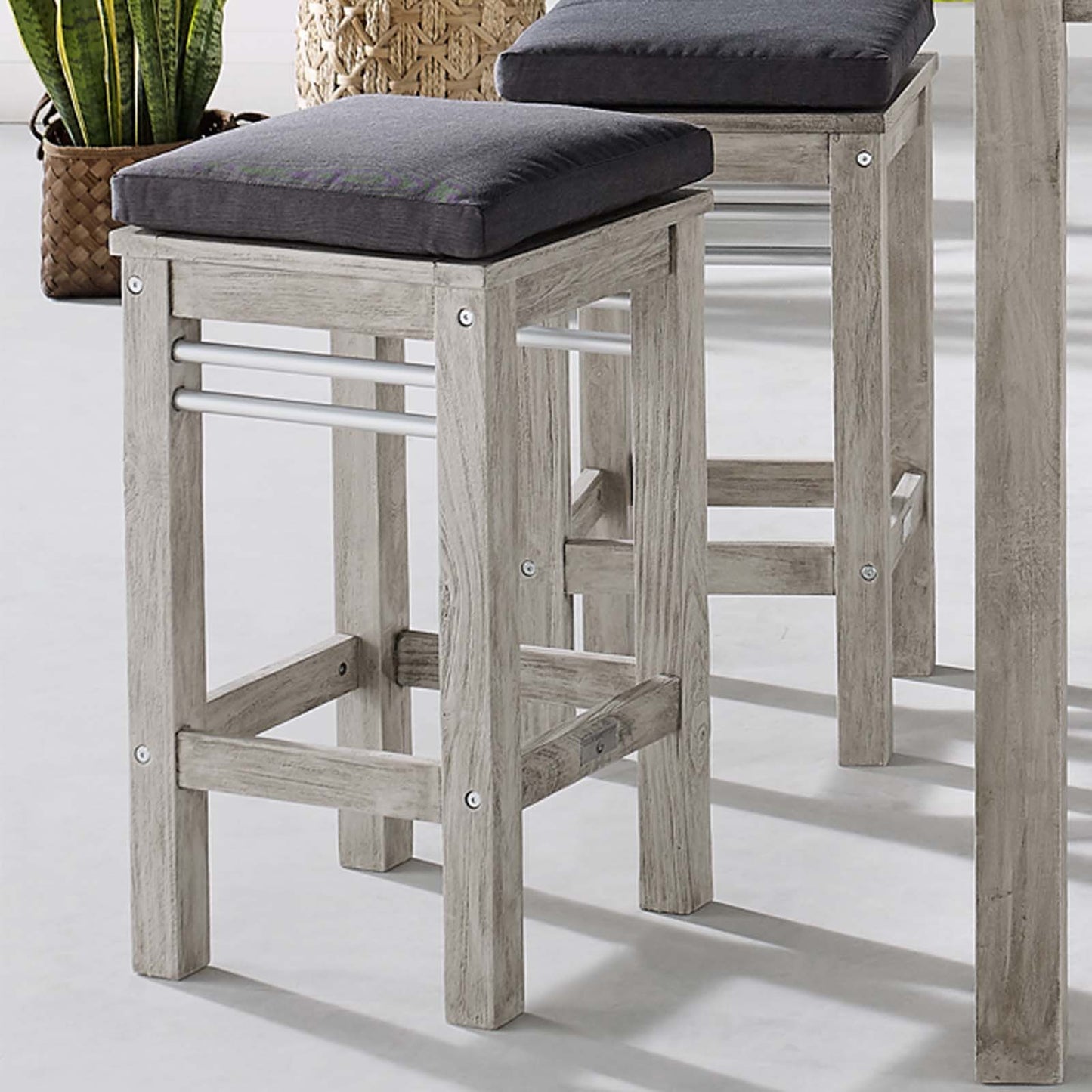 Wiscasset Outdoor Patio Acacia Wood Bar Stool, Wood, Light Grey Gray, 18283