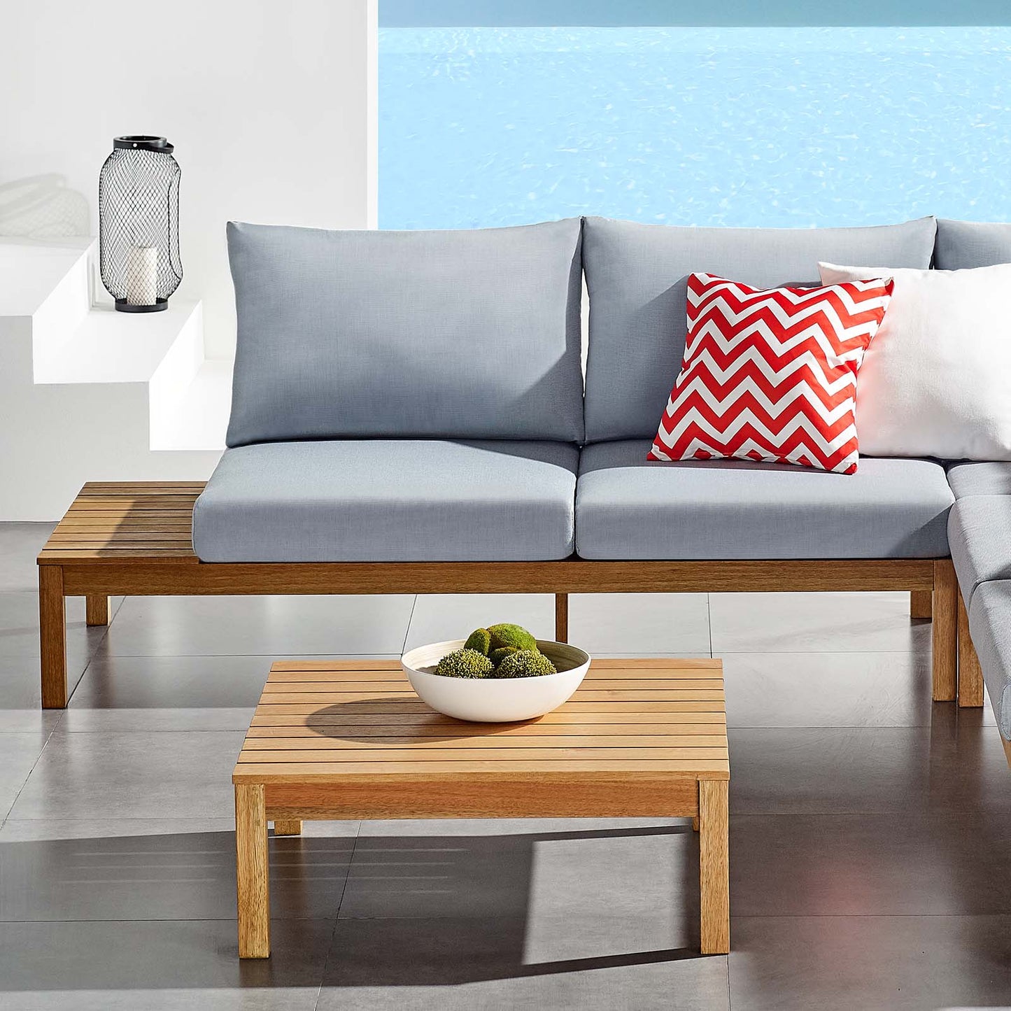 Freeport Karri Wood Outdoor Patio Loveseat with Left-Facing Side End Table, Wood, Brown Natural Light Blue, 18288