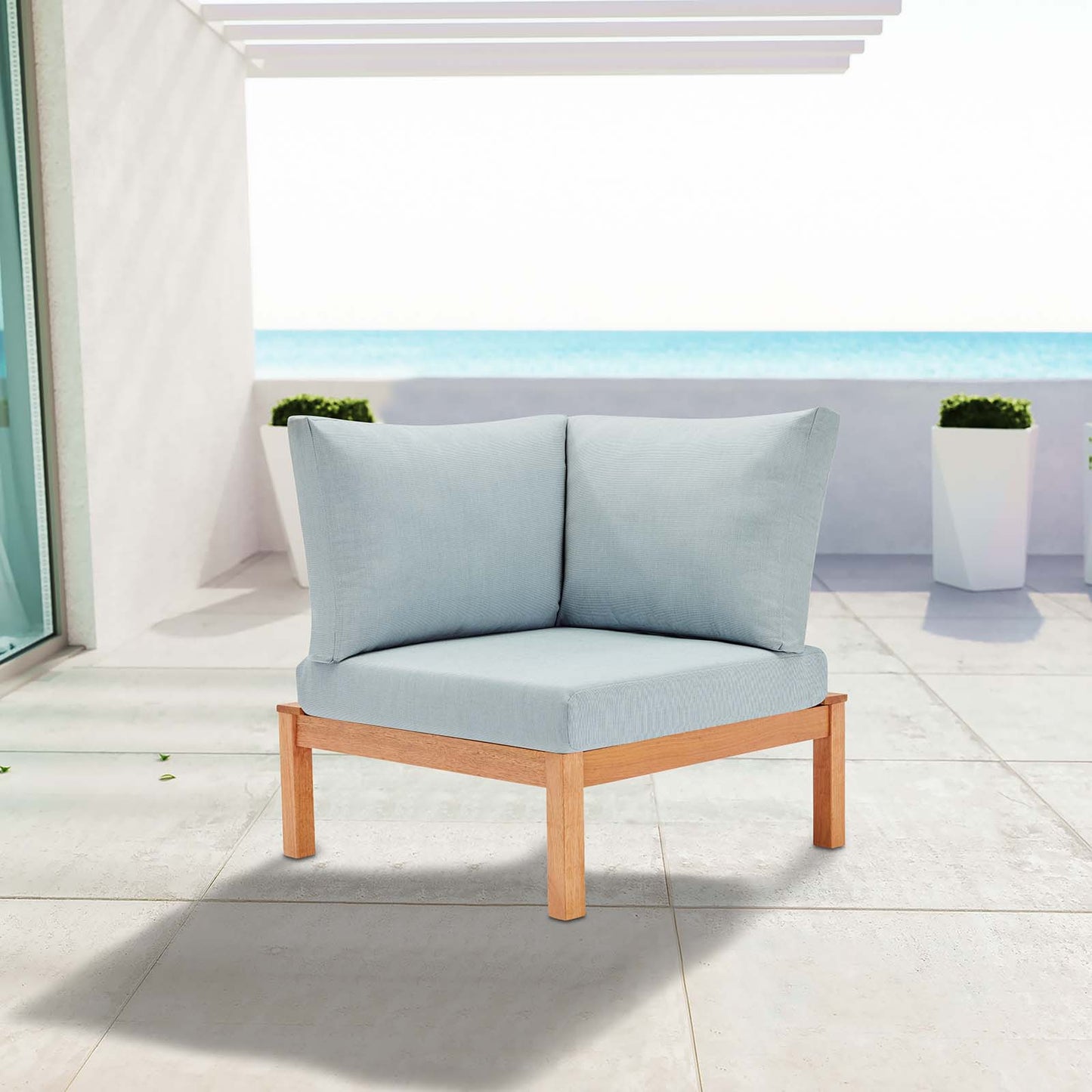 Freeport Karri Wood Sectional Sofa Outdoor Patio Corner Chair, Wood, Brown Natural Light Blue, 18290