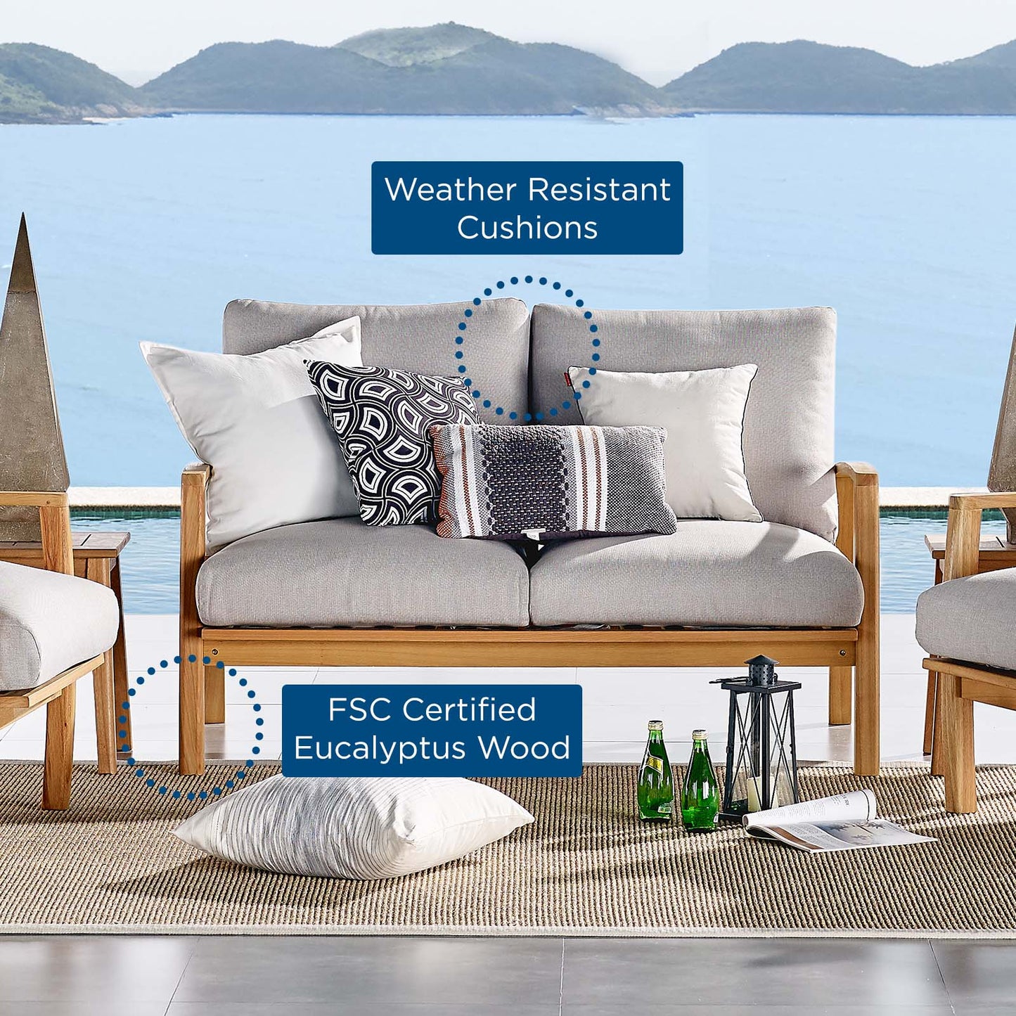 Orlean Outdoor Patio Eucalyptus Wood Loveseat, Wood, Brown Natural Light Grey Gray, 18293