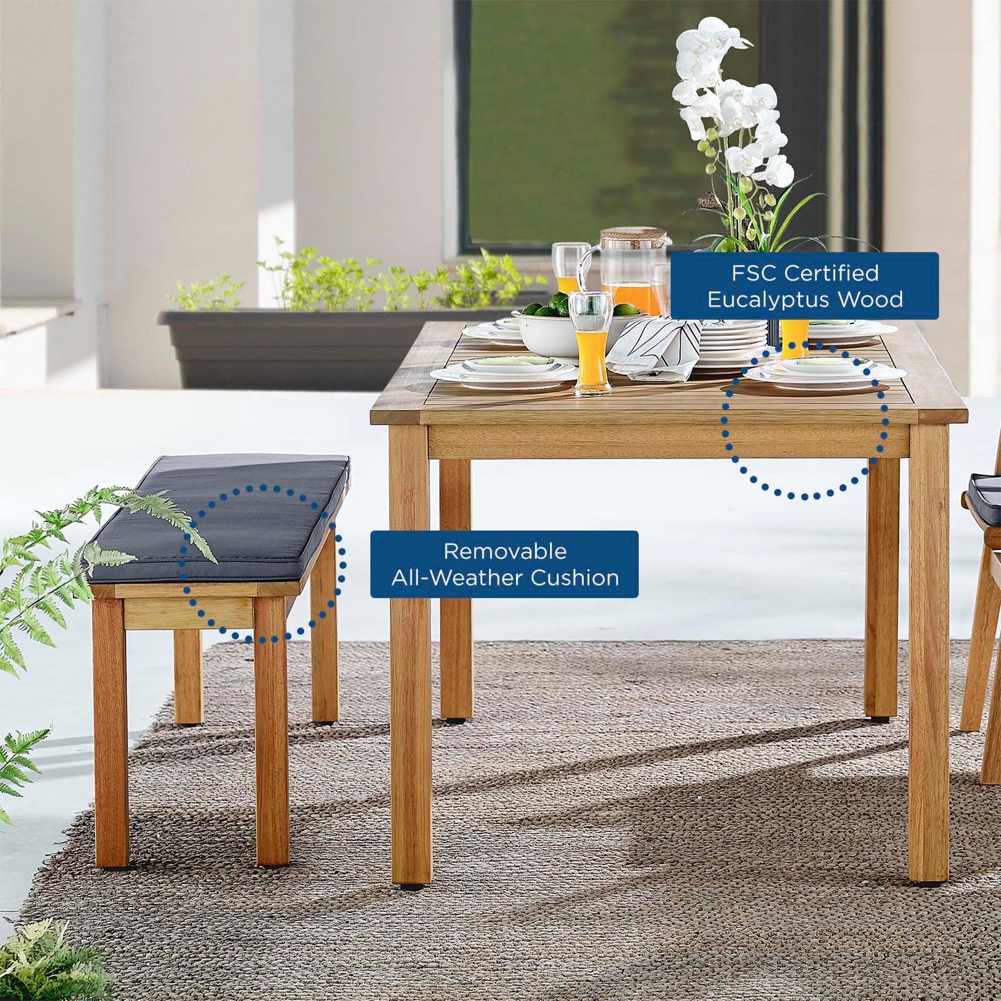 Syracuse Outdoor Patio Dining Table and Bench Set, Wood, Brown Natural Grey Gray, 18298