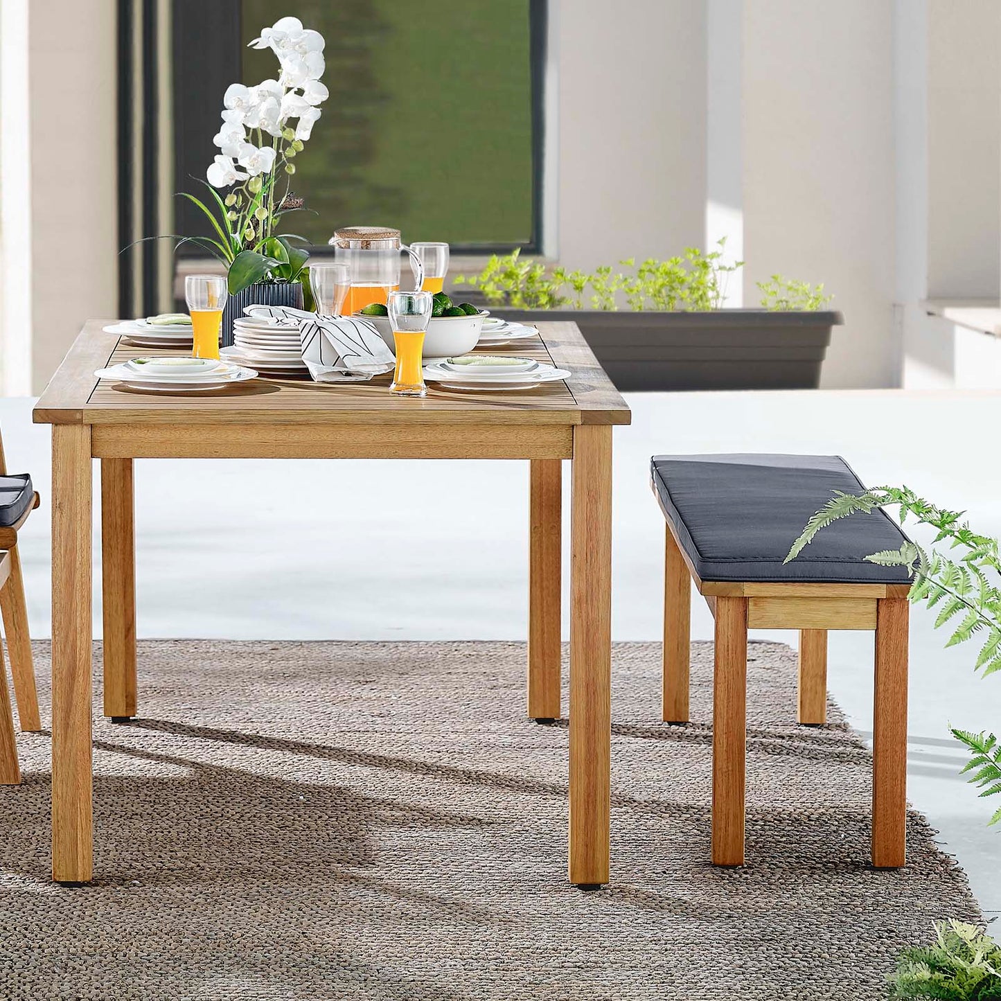Syracuse Outdoor Patio Dining Table and Bench Set, Wood, Brown Natural Grey Gray, 18298