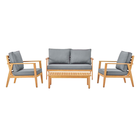 Syracuse Outdoor Patio Upholstered 4 Piece Furniture Set, Wood, Brown Natural Grey Gray, 18299