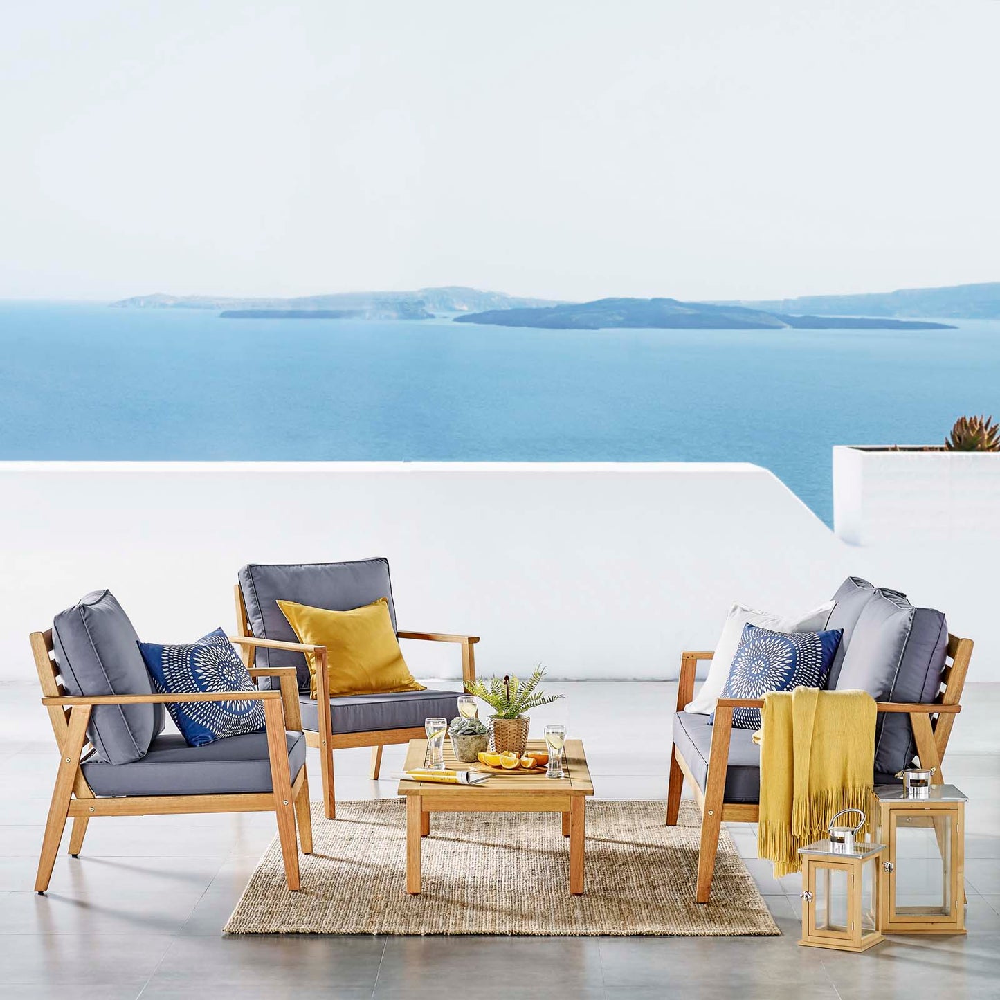 Syracuse Outdoor Patio Upholstered 4 Piece Furniture Set, Wood, Brown Natural Grey Gray, 18299