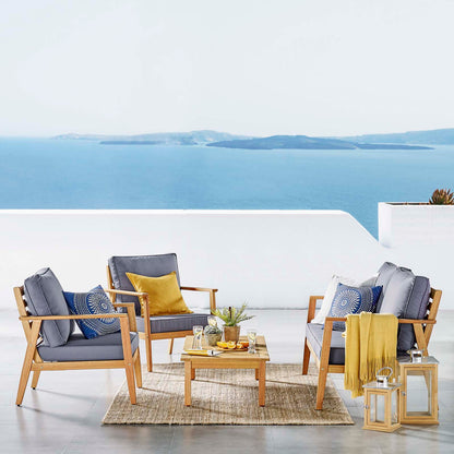 Syracuse Outdoor Patio Upholstered 4 Piece Furniture Set, Wood, Brown Natural Grey Gray, 18299