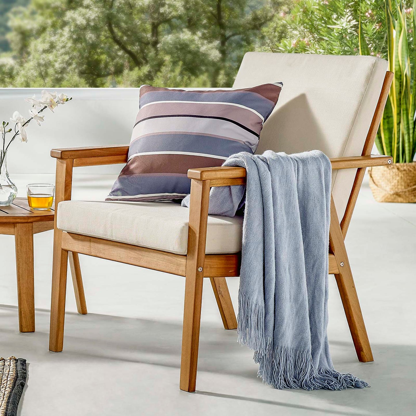 Vero Ash Wood Outdoor Patio Armchair, Wood, Brown Natural Beige, 18300