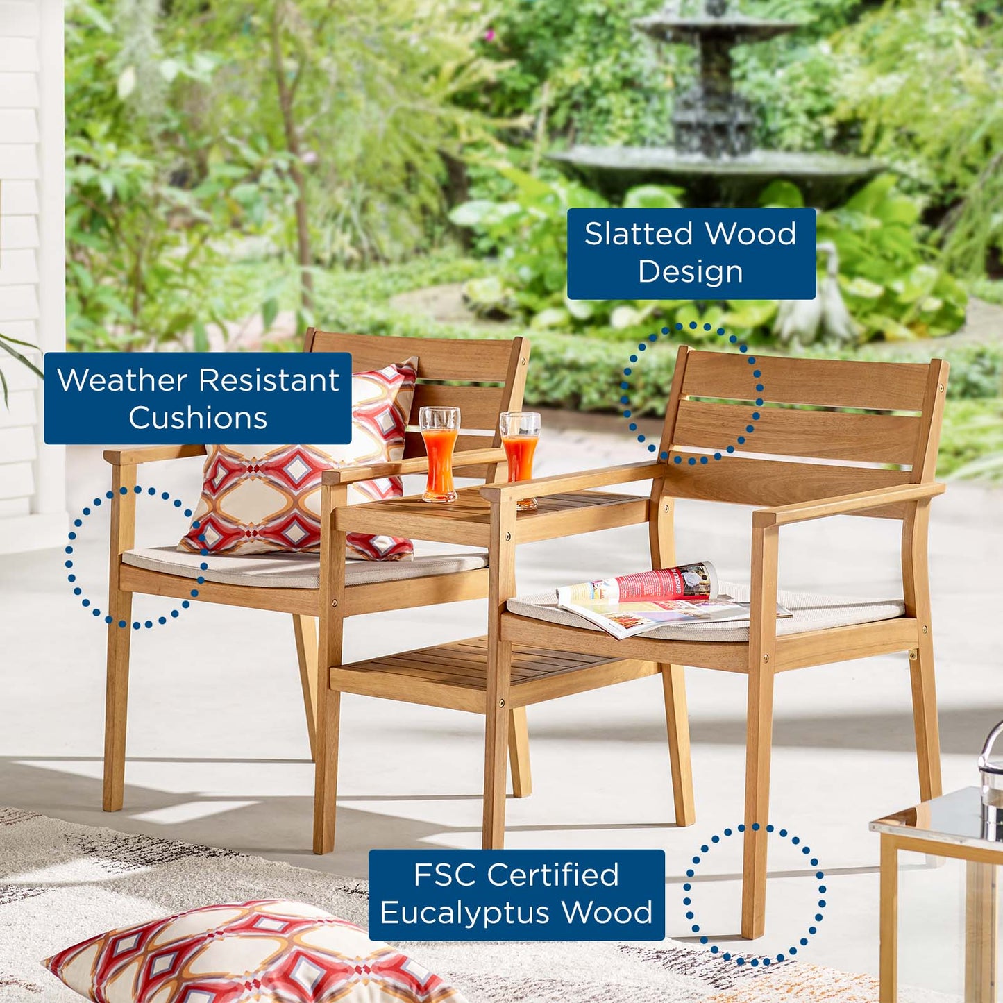 Viewscape Outdoor Patio Ash Wood Jack and Jill Chair Set, Wood, Brown Natural Taupe Gray, 18304
