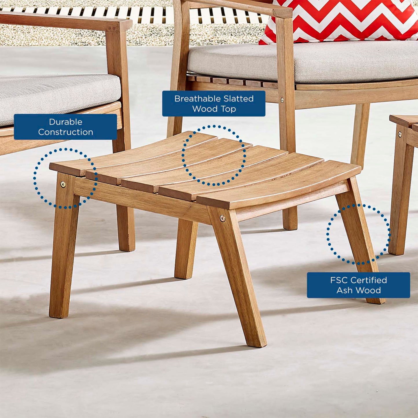 Breton Outdoor Patio Ash Wood Ottoman, Wood, Brown Natural, 18308