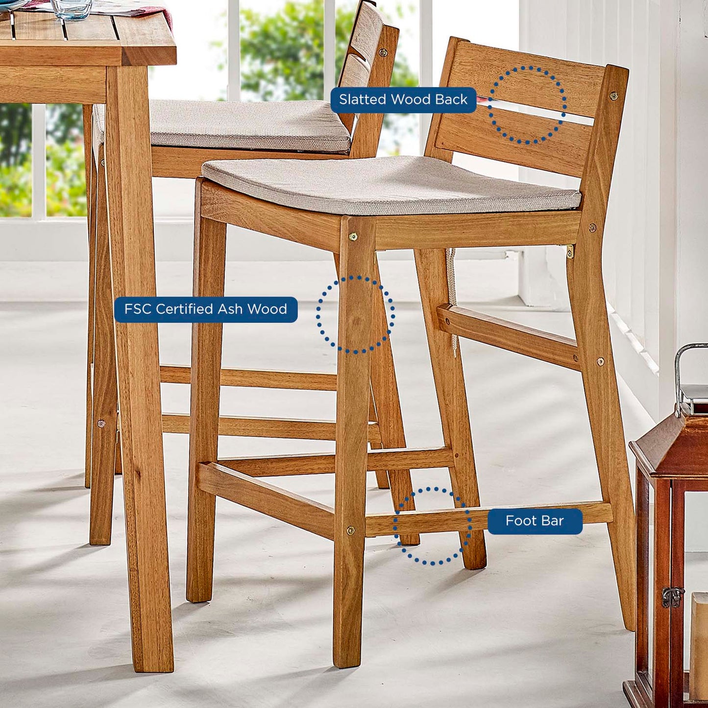 Riverlake Outdoor Patio Ash Wood Bar Stool, Wood, Brown Natural Taupe Gray, 18310