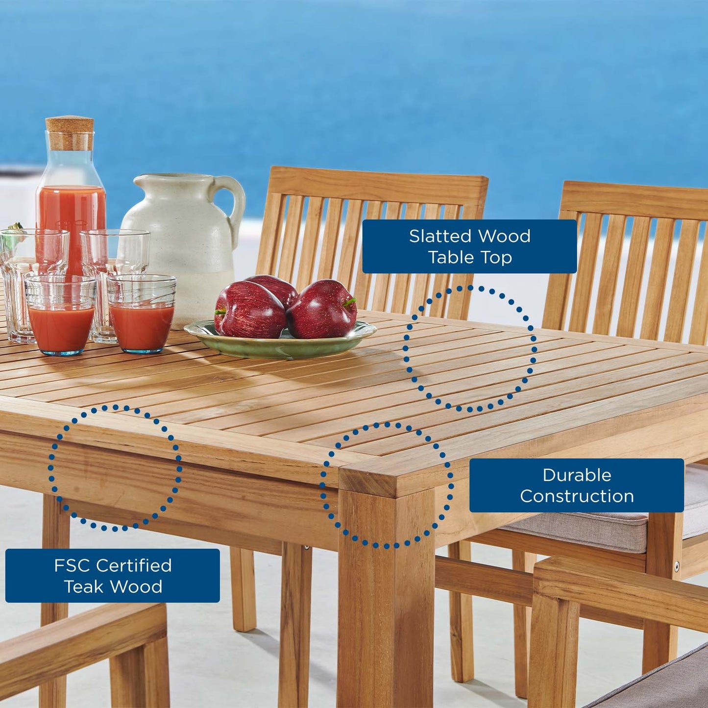 Farmstay 63" Rectangle Outdoor Patio Teak Wood Dining Table, Wood, Brown Natural, 18313