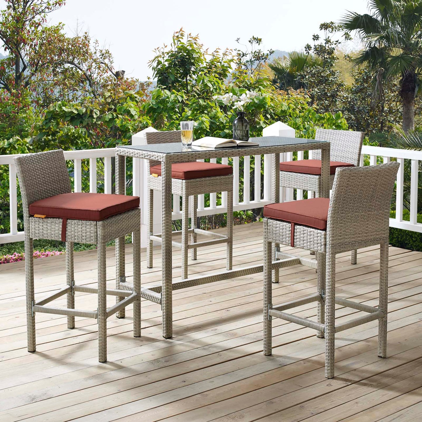 Conduit 5 Piece Outdoor Patio Wicker Rattan Set, Fabric Glass Rattan Wicker, Dark Red, 17578