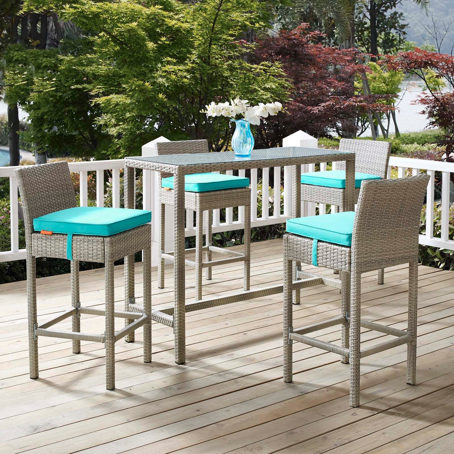 Conduit 5 Piece Outdoor Patio Wicker Rattan Set, Fabric Glass Rattan Wicker, Blue, 17586