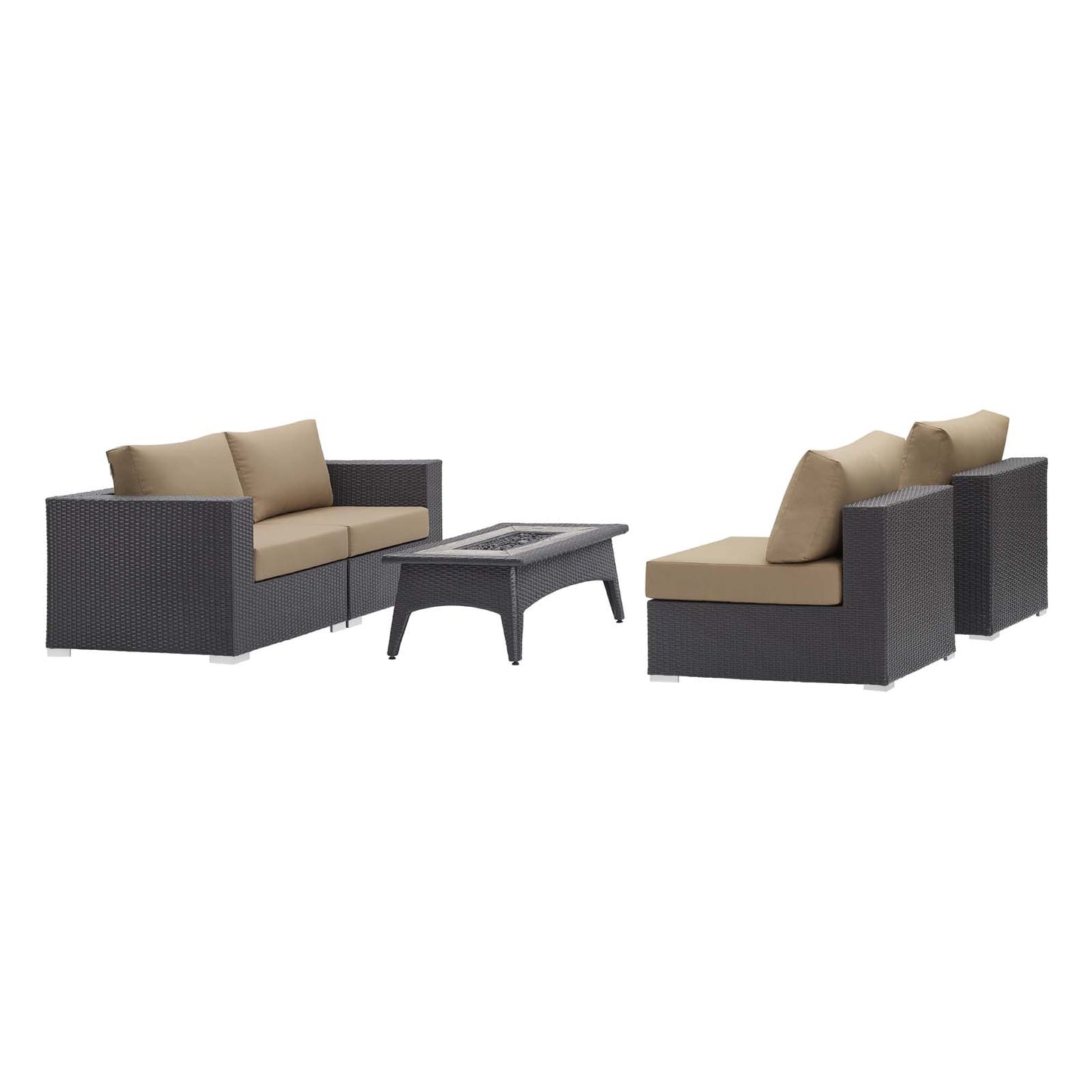 Convene 5 Piece Set Outdoor Patio with Fire Pit, Fabric Rattan Wicker, Beige, 17588