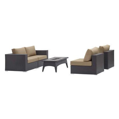 Convene 5 Piece Set Outdoor Patio with Fire Pit, Fabric Rattan Wicker, Light Brown, 17589