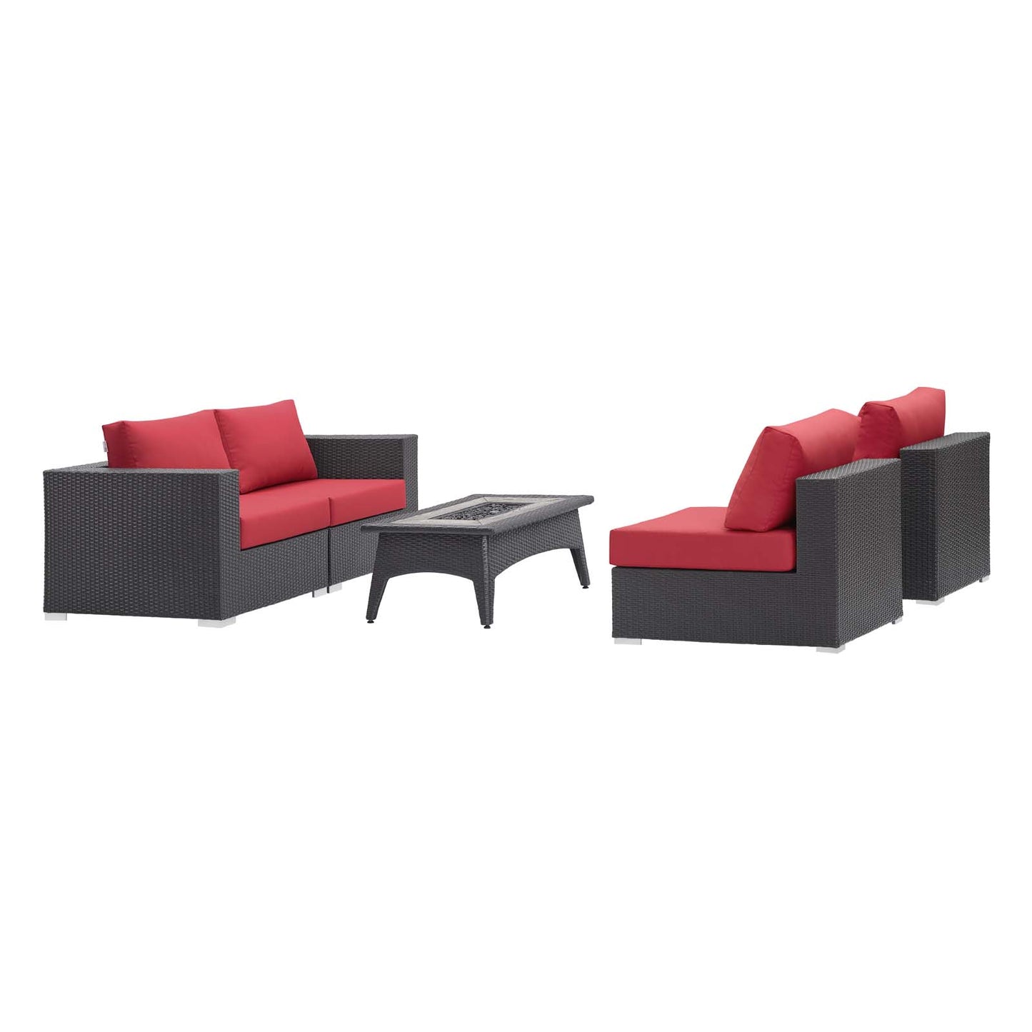 Convene 5 Piece Set Outdoor Patio with Fire Pit, Fabric Rattan Wicker, Red, 17590