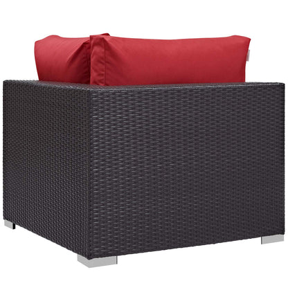 Convene 5 Piece Set Outdoor Patio with Fire Pit, Fabric Rattan Wicker, Red, 17590