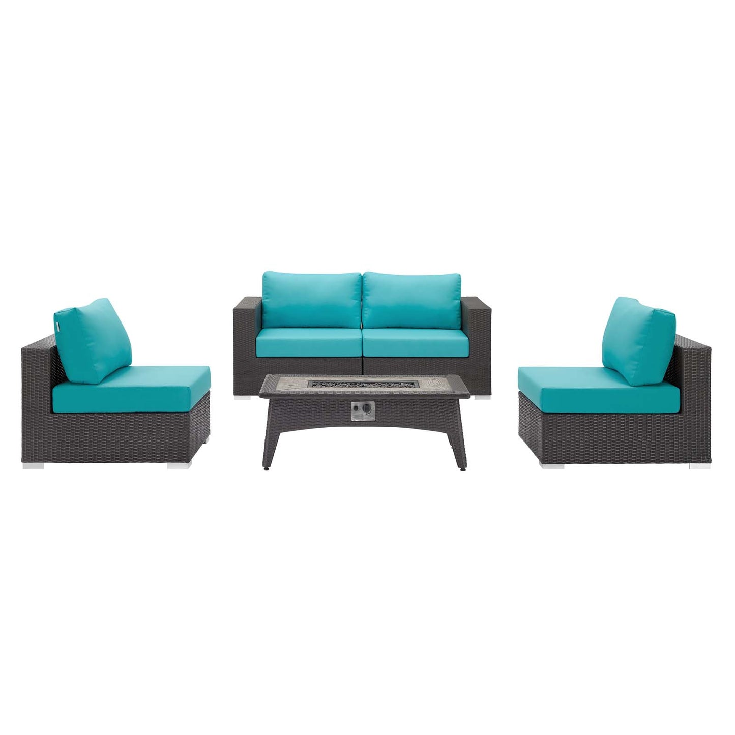 Convene 5 Piece Set Outdoor Patio with Fire Pit, Fabric Rattan Wicker, Blue, 17591