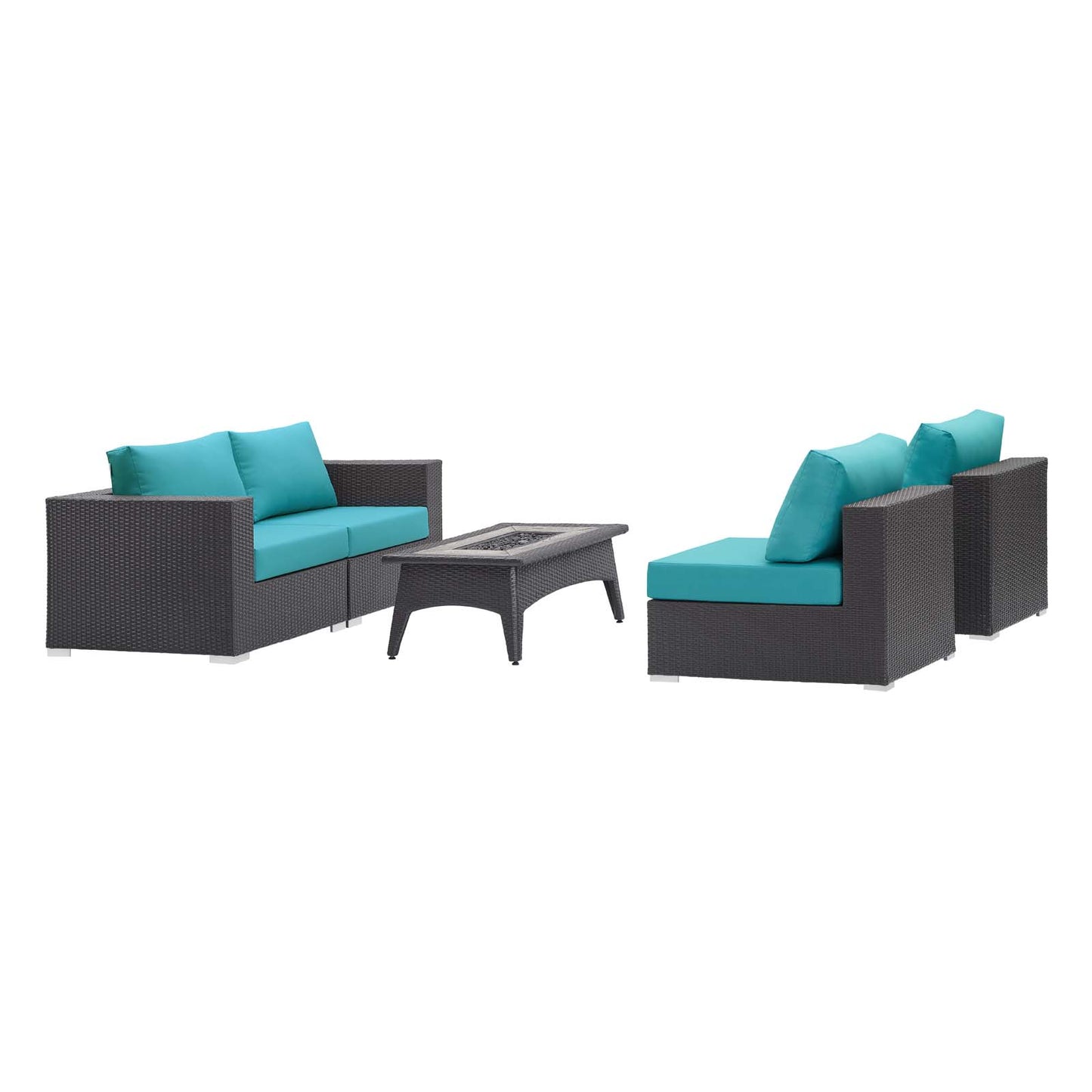 Convene 5 Piece Set Outdoor Patio with Fire Pit, Fabric Rattan Wicker, Blue, 17591