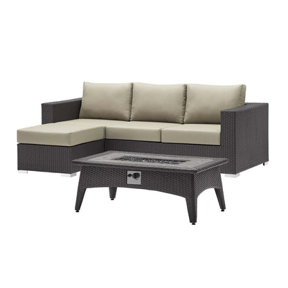 Convene 3 Piece Set Outdoor Patio with Fire Pit, Fabric Rattan Wicker, Beige, 17593