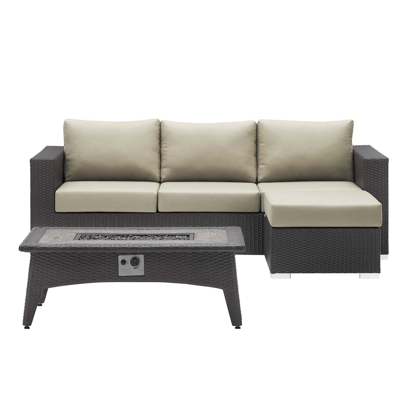 Convene 3 Piece Set Outdoor Patio with Fire Pit, Fabric Rattan Wicker, Beige, 17593