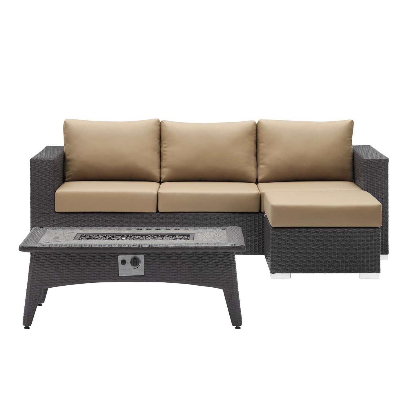 Convene 3 Piece Set Outdoor Patio with Fire Pit, Fabric Rattan Wicker, Light Brown, 17594