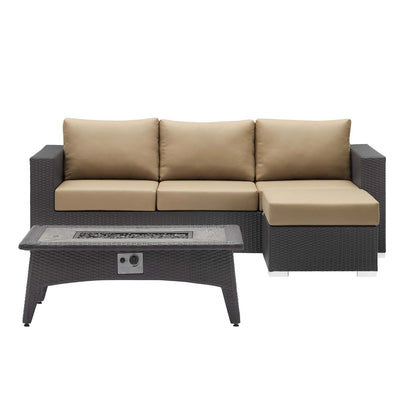 Convene 3 Piece Set Outdoor Patio with Fire Pit, Fabric Rattan Wicker, Light Brown, 17594