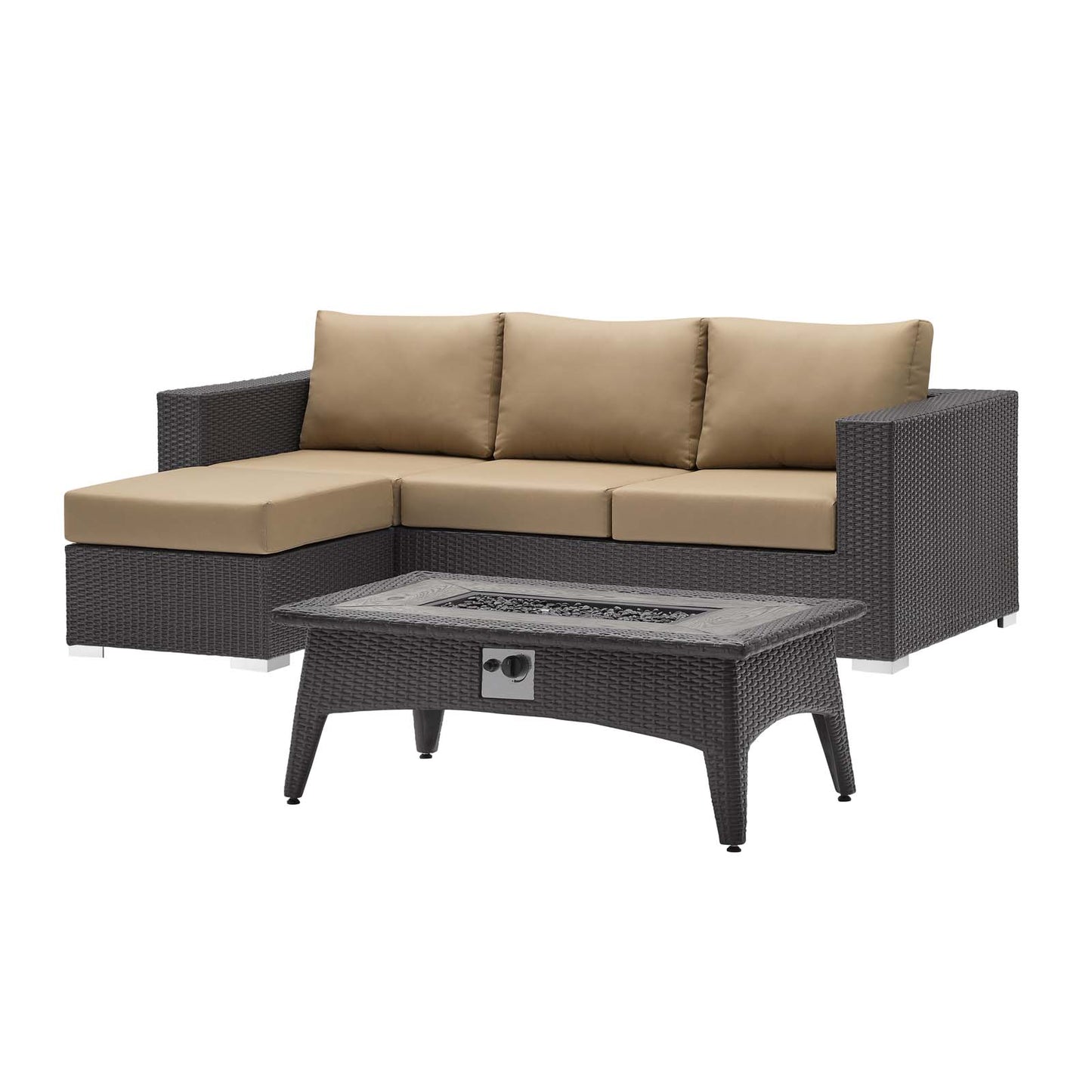Convene 3 Piece Set Outdoor Patio with Fire Pit, Fabric Rattan Wicker, Light Brown, 17594
