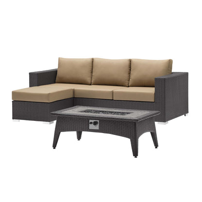 Convene 3 Piece Set Outdoor Patio with Fire Pit, Fabric Rattan Wicker, Light Brown, 17594