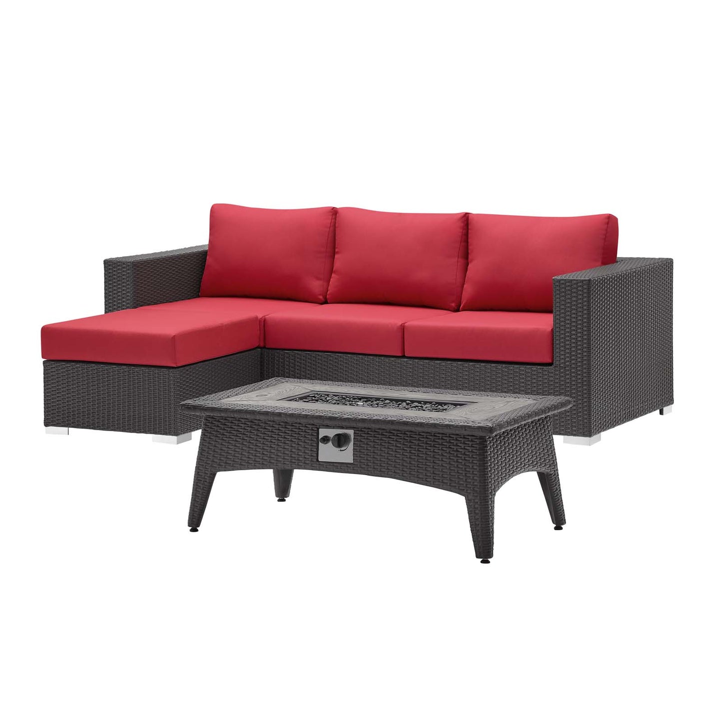 Convene 3 Piece Set Outdoor Patio with Fire Pit, Fabric Rattan Wicker, Red, 17595