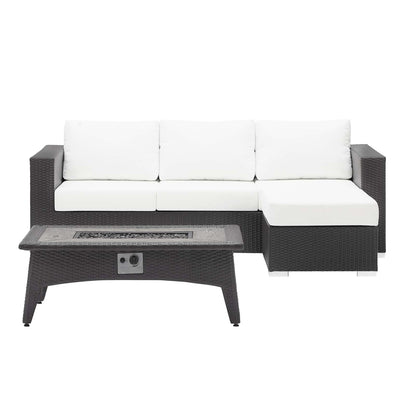 Convene 3 Piece Set Outdoor Patio with Fire Pit, Fabric Rattan Wicker, White, 17597