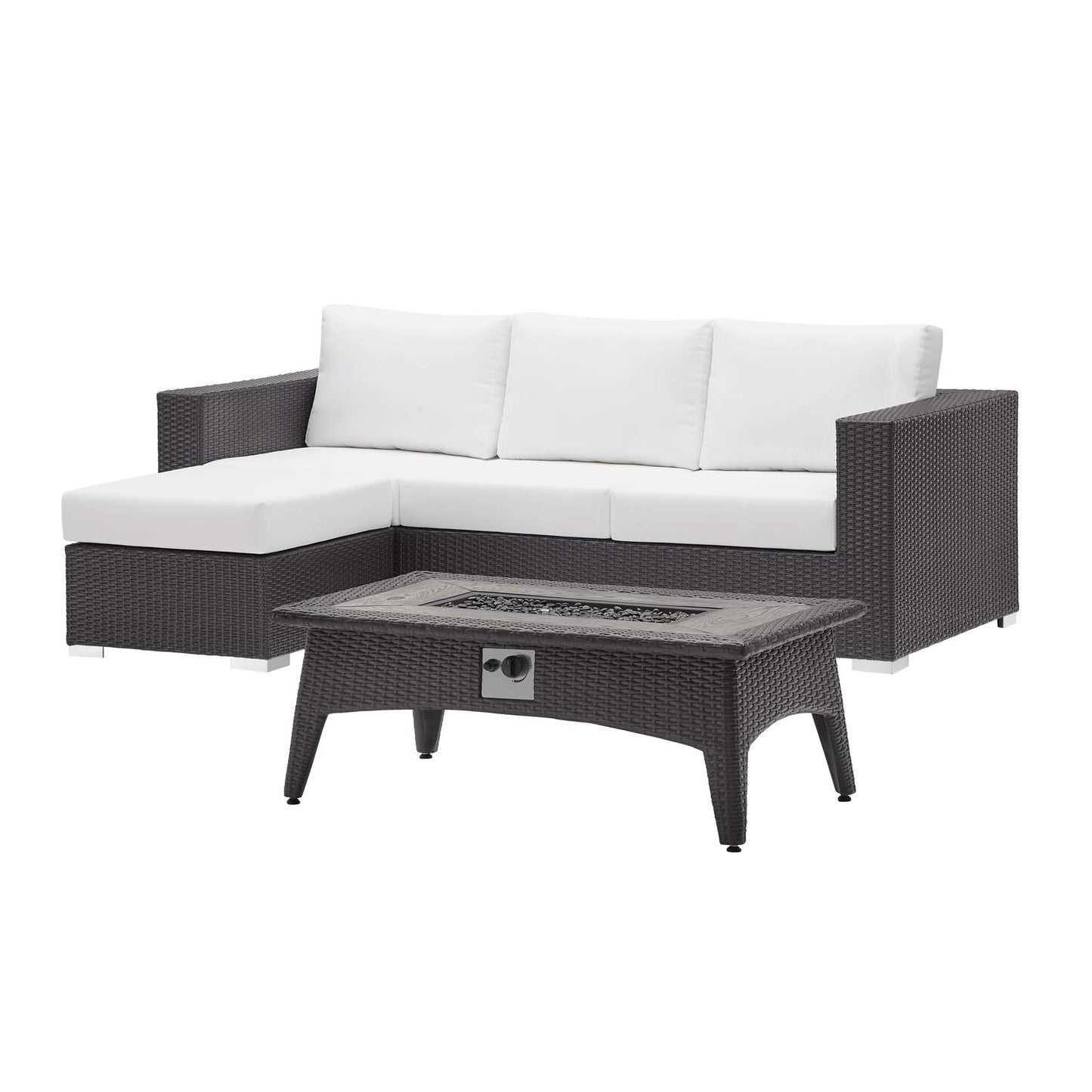 Convene 3 Piece Set Outdoor Patio with Fire Pit, Fabric Rattan Wicker, White, 17597
