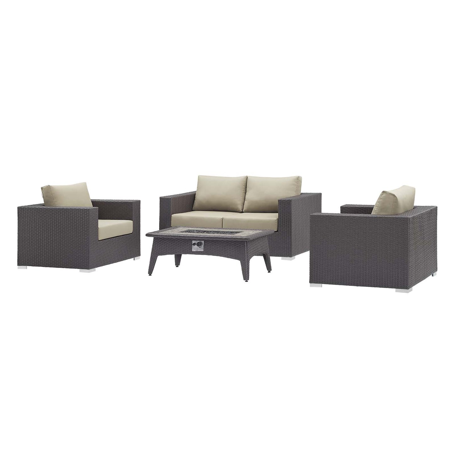 Convene 4 Piece Set Outdoor Patio with Fire Pit, Fabric Rattan Wicker, Beige, 17598