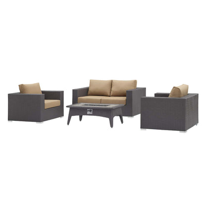 Convene 4 Piece Set Outdoor Patio with Fire Pit, Fabric Rattan Wicker, Light Brown, 17599