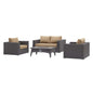 Convene 4 Piece Set Outdoor Patio with Fire Pit, Fabric Rattan Wicker, Light Brown, 17599