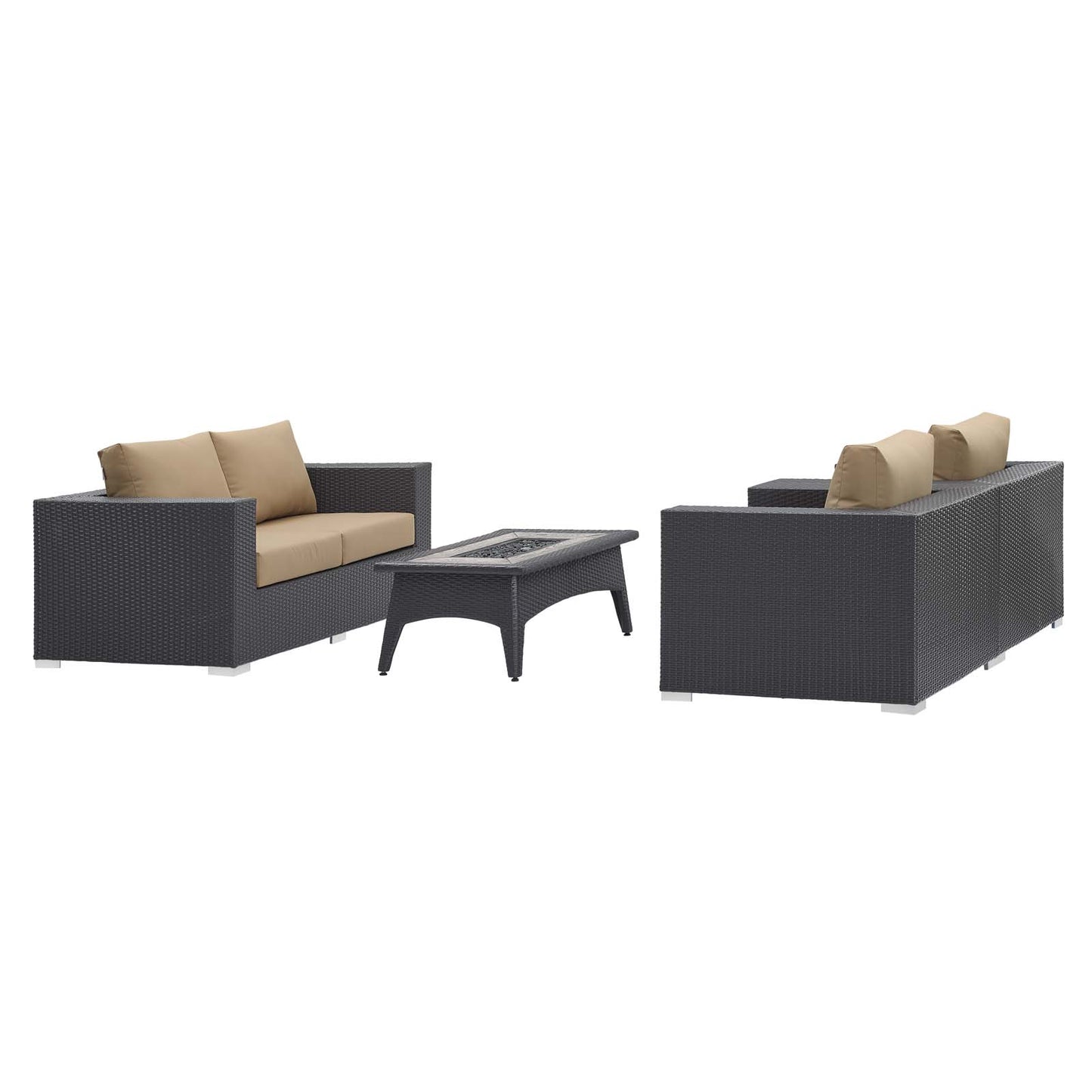 Convene 4 Piece Set Outdoor Patio with Fire Pit, Fabric Rattan Wicker, Light Brown, 17599