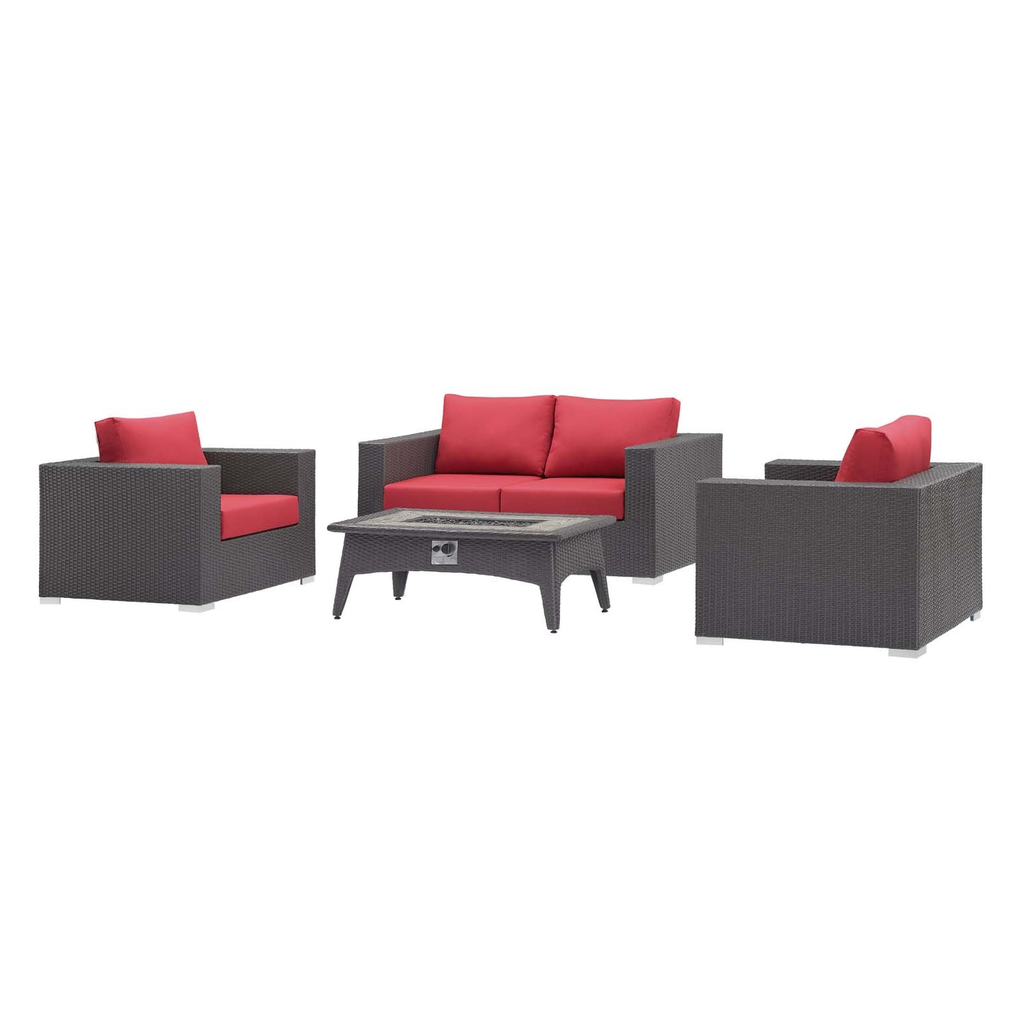 Convene 4 Piece Set Outdoor Patio with Fire Pit, Fabric Rattan Wicker, Red, 17600