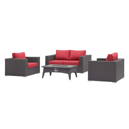Convene 4 Piece Set Outdoor Patio with Fire Pit, Fabric Rattan Wicker, Red, 17600