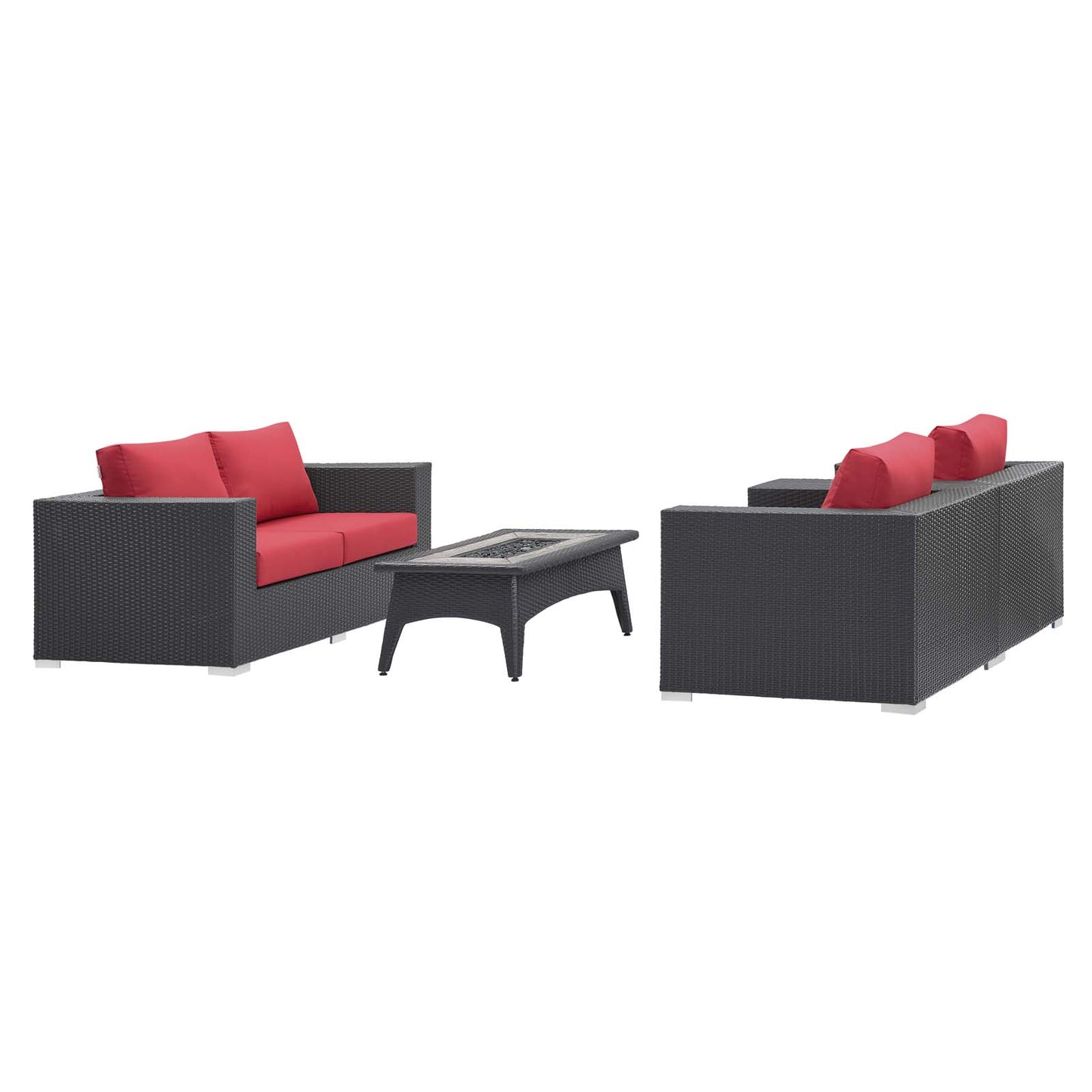 Convene 4 Piece Set Outdoor Patio with Fire Pit, Fabric Rattan Wicker, Red, 17600
