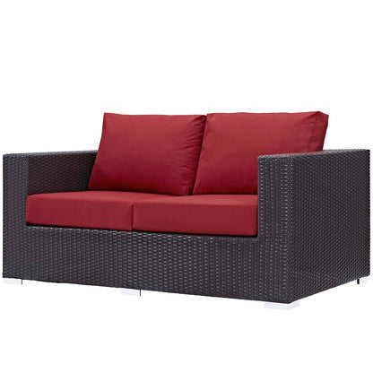 Convene 4 Piece Set Outdoor Patio with Fire Pit, Fabric Rattan Wicker, Red, 17600