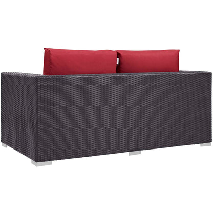 Convene 4 Piece Set Outdoor Patio with Fire Pit, Fabric Rattan Wicker, Red, 17600