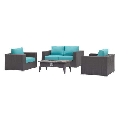 Convene 4 Piece Set Outdoor Patio with Fire Pit, Fabric Rattan Wicker, Blue, 17601