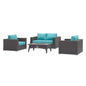 Convene 4 Piece Set Outdoor Patio with Fire Pit, Fabric Rattan Wicker, Blue, 17601