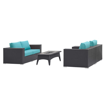 Convene 4 Piece Set Outdoor Patio with Fire Pit, Fabric Rattan Wicker, Blue, 17601